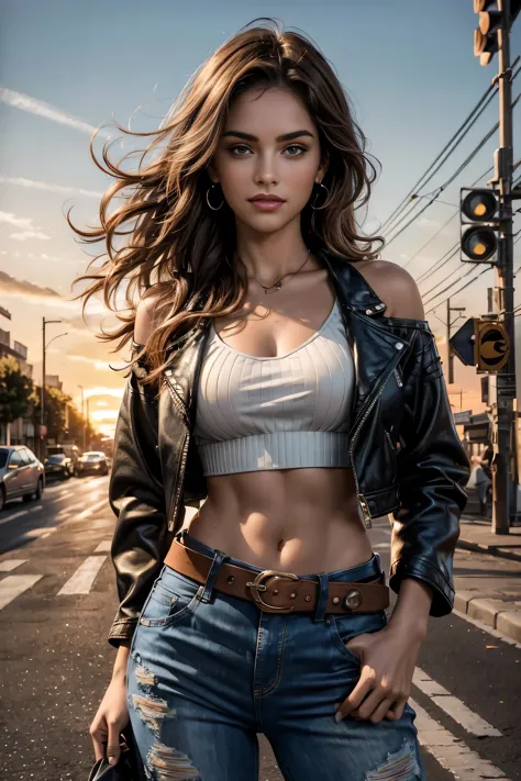 Foreground: a gorgeous young 16 years old girl n wavy hair in the wind. she's a men magazine model, She has a subtle smile and f...