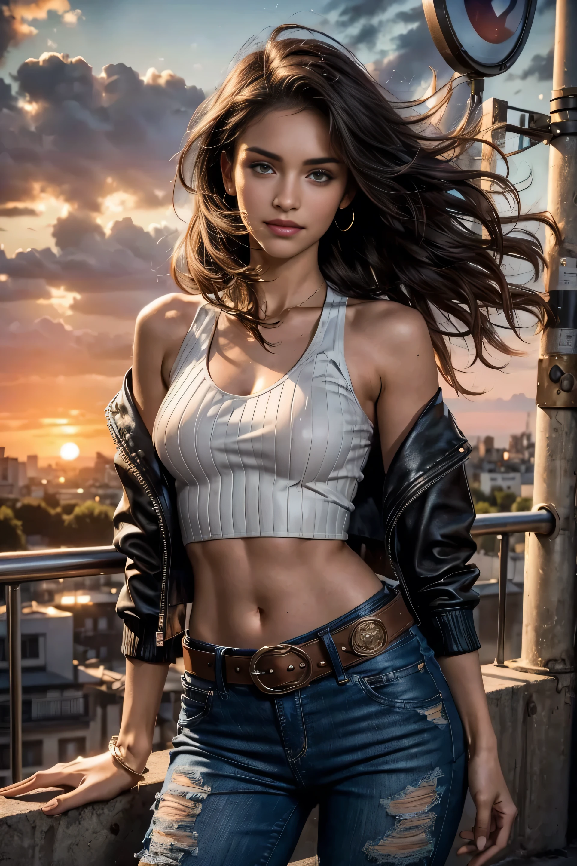 Foreground: a gorgeous young 16 years old girl n wavy hair in the wind. she's a men magazine model, She has a subtle smile and flirts with the camera, (she wears crop denim moto jacket, casual ribbed white tanktop and leather cargopants with big belt:1.2), background posing in Paris, red light district Paris, green trees, beautiful flowers, ((sunset:1.3)), (perfect brown eyes:1.21), perfect hands, perfect body, perfect hair, perfect breast, hair behind ear, happy attitude, UHD, retina, masterpiece, accurate, anatomically correct, textured skin, super detail, high details, high quality, award winning, best quality, highres, 16k, 8k,