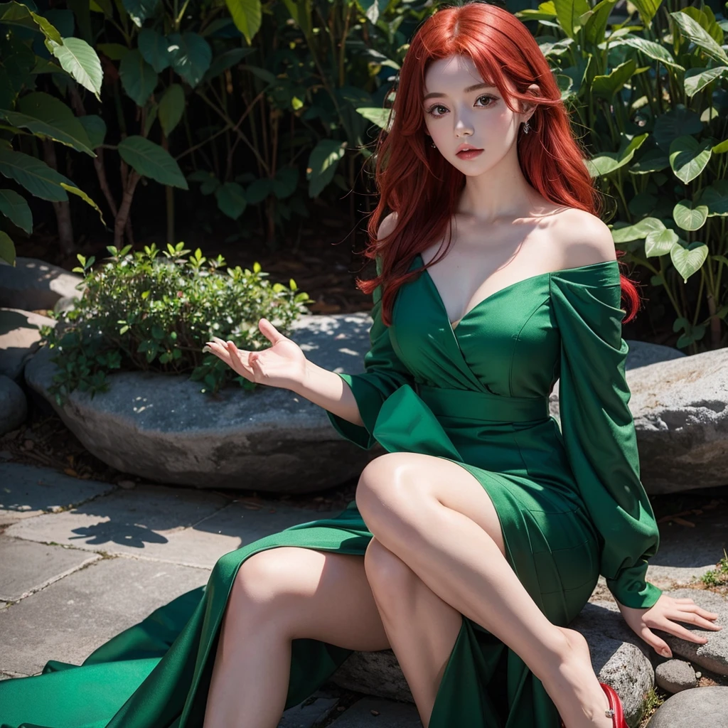 Girl with red hair and emerald green dress, with red magic in your hands