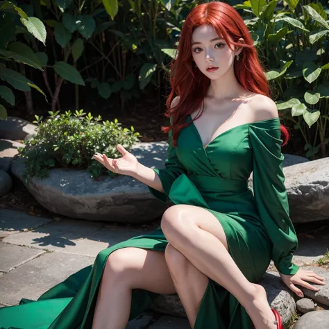 girl with red hair and emerald green dress, with red magic in your hands