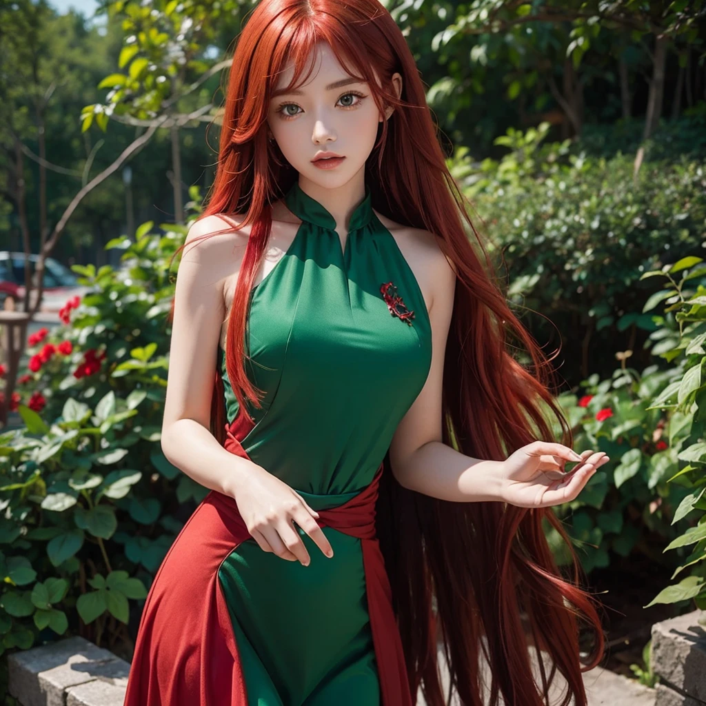 Girl with red hair and emerald green dress, with red magic in your hands