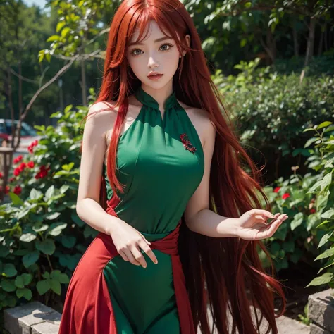 girl with red hair and emerald green dress, with red magic in your hands