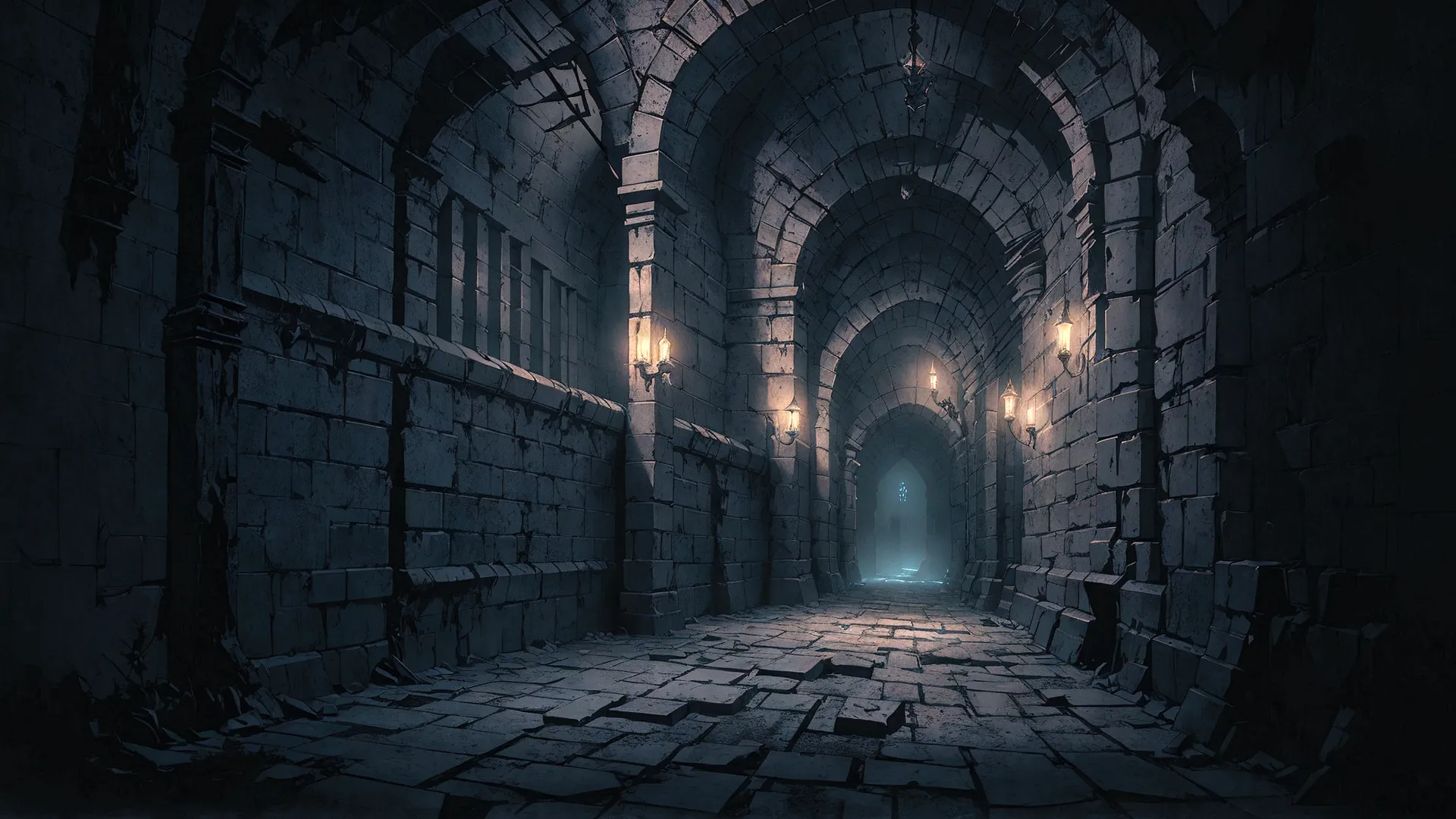 there is a dungeon hallway, passages have prison cells, photorealistic dark concept art, detailed textures and lighting, beautif...