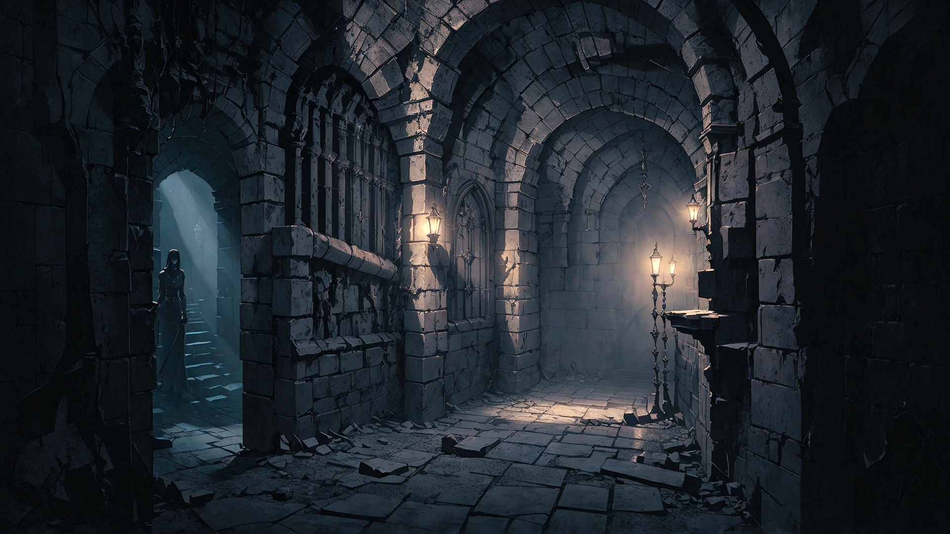there is a dungeon hallway, passages have prison cells, photorealistic dark concept art, detailed textures and lighting, beautiful and cinematic lighting, detailed lighting and textures, old gothic crypt, unreal engine render concept art, dark cinematic lighting, moody cinematic lighting, detailed cinematic lighting, cinematic atmospheric lighting, dark fantasy environment, dungeon background, might cinematic lighting