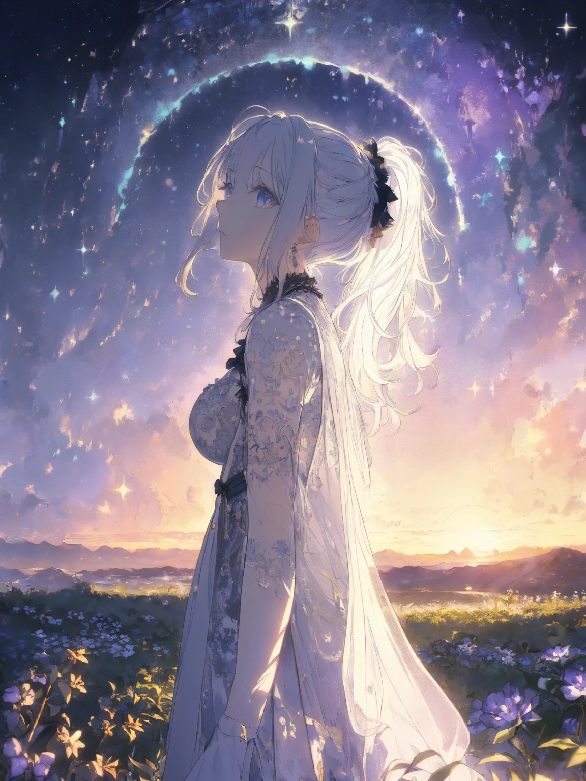 (landscape photo, with a woman in the bottom right of photo:1.5, in white garden:1.5), Masterpiece, best quality, (very detailed CG unity 8k wallpaper), (best quality), High definition RAW color art, Animation,sculptures, (black Marble Skin), (((Ultra detailed elegant))), Magical atmosphere, Detailed skin, Texture,(Intricately detailed, Fine detail, ultra-detail art), depth of fields, bokeh, Silky Touch, Hyper Detail, beautiful eyes, Elegant Face, (profile posing), sparkle background, enormous breast:1.4,  (silver hair), pastel purple, witchcraft dress, ponytail:1.1, embarrassing face, ivy,  Dramatic Light, smiley, Frills, sunset, cross:1.3