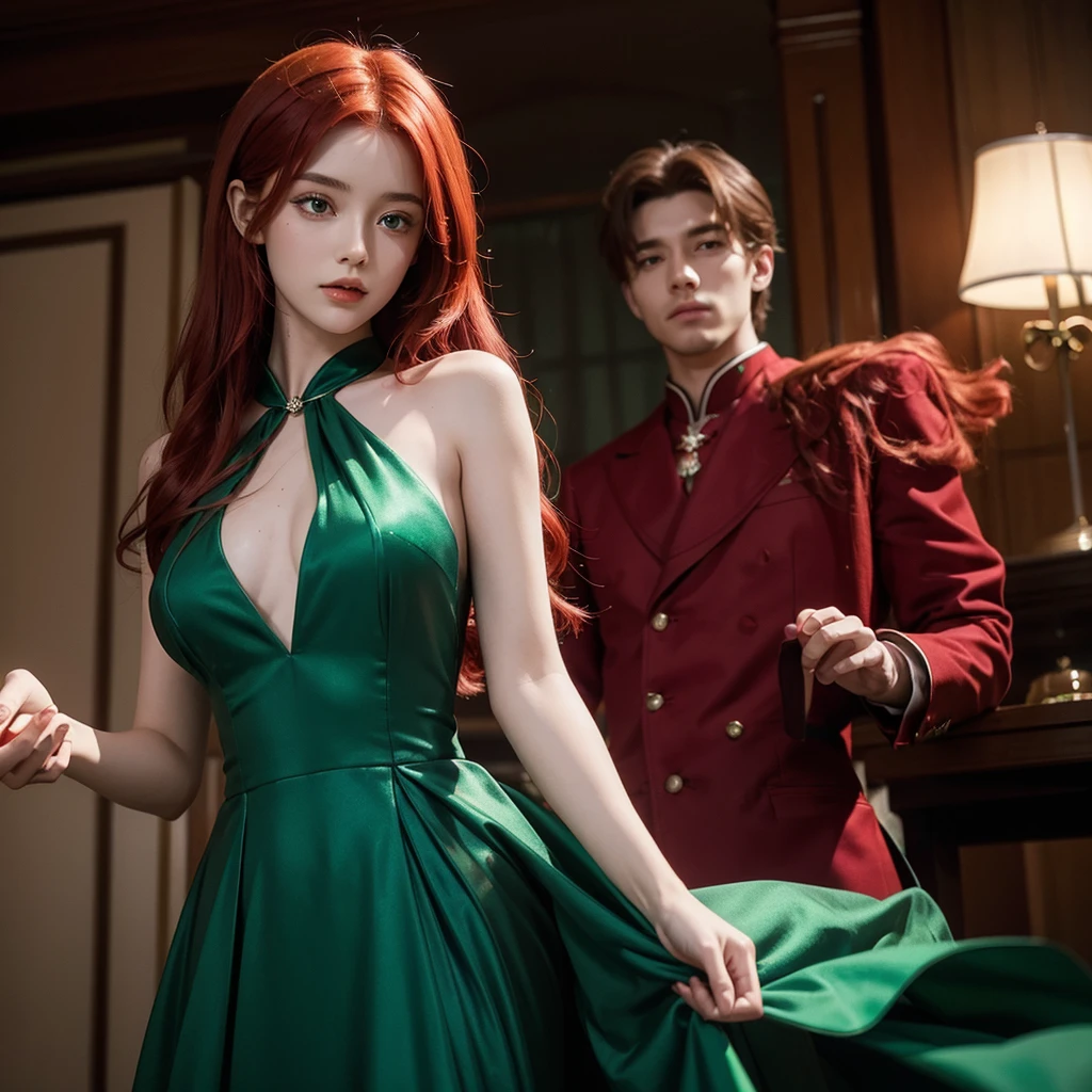 Evening image of a girl with red hair and an emerald green dress, with red magic in his hands and he is looking at his hand