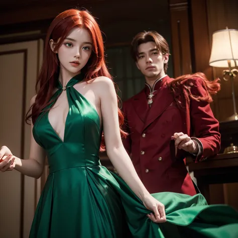 evening image of a girl with red hair and an emerald green dress, with red magic in his hands and he is looking at his hand