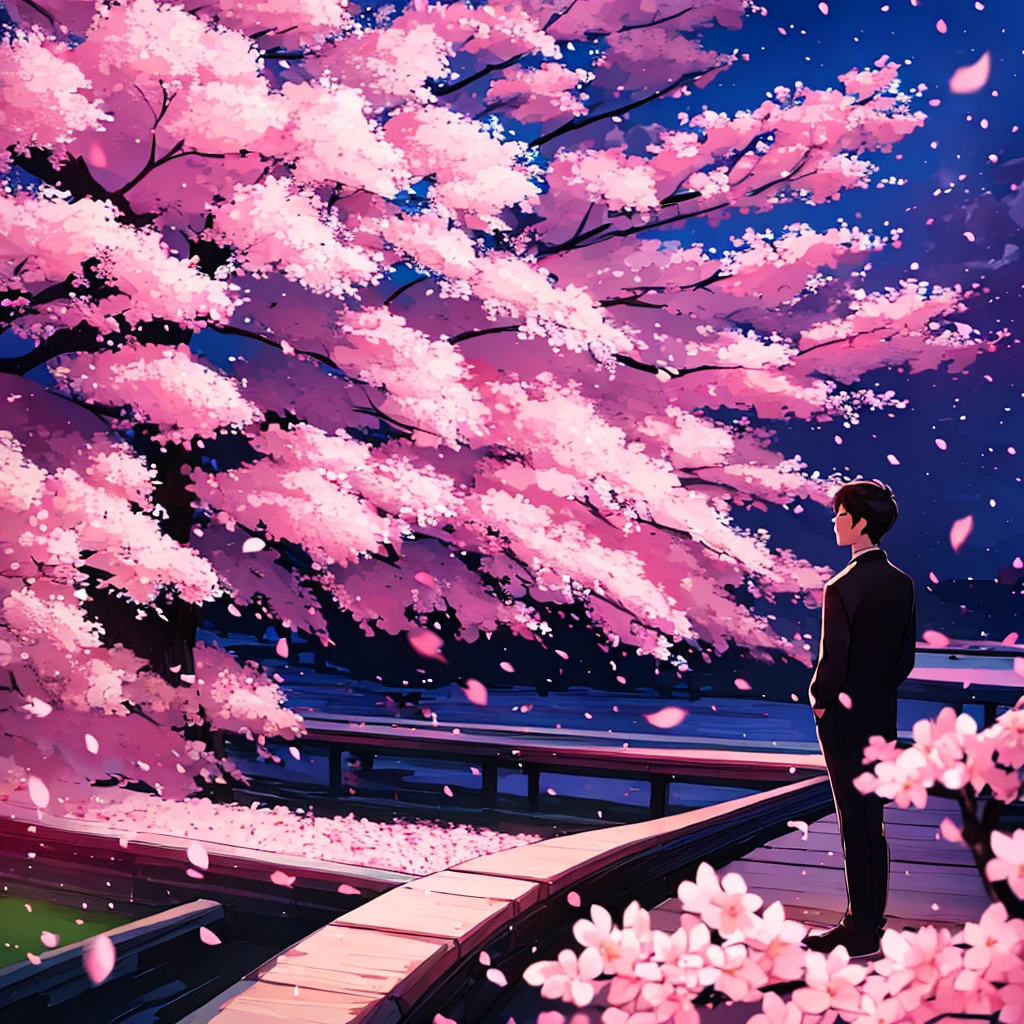 A man standing alone among the cherry blossoms at night. A man who has just gotten over a broken heart and is about to take a step towards a new love. Cherry blossoms at night. Thinking of you while looking at the cherry blossoms at night.