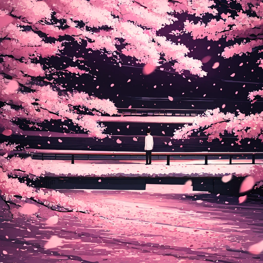 A man standing alone among the cherry blossoms at night. A man who has just gotten over a broken heart and is about to take a step towards a new love. Cherry blossoms at night. Thinking of you while looking at the cherry blossoms at night.