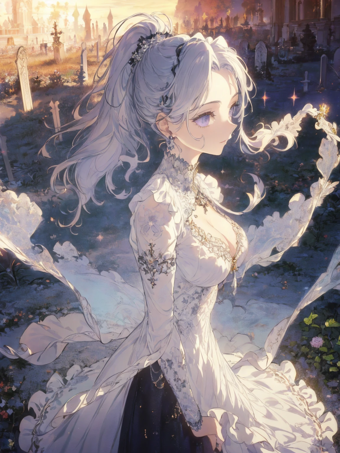 (landscape photo, with a woman in the bottom right of photo:1.5, in white garden:1.5), Masterpiece, best quality, (very detailed CG unity 8k wallpaper), (best quality), High definition RAW color art, Animation,sculptures, (black Marble Skin), (((Ultra detailed elegant))), Magical atmosphere, Detailed skin, Texture,(Intricately detailed, Fine detail, ultra-detail art), depth of fields, bokeh, Silky Touch, Hyper Detail, beautiful eyes, Elegant Face, (profile posing), sparkle background, enormous breast:1.4,  (silver hair), pastel purple, witchcraft dress, ponytail:1.1, embarrassing face, ivy,  Dramatic Light, smiley, Frills, sunset, cross cemetery:1.3