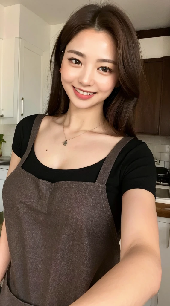 (Highest quality, 8K, masterpiece: 1.3), Beautiful woman with perfect figure: 1.4, Dark brown hair, Wearing a pendant, Wearing an apron, In the kitchen, Highly detailed face and skin, Fine grain, double eyelid, ((Big boobs bigger than her ridiculously huge face)), smile