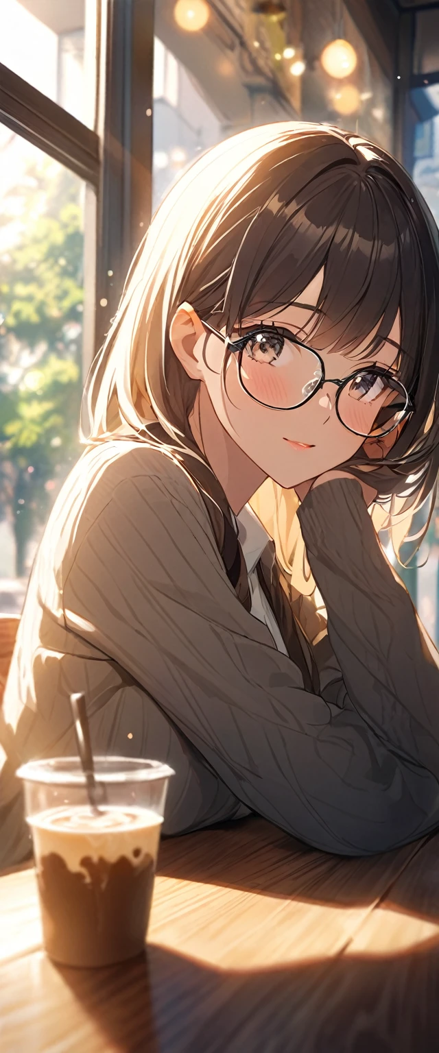 Close-up of beautiful girl with rimless glasses sitting in cafe，Looking out the window.There is a cup of ice coffee on the wooden table(整個頭部Looking out the window.The moment the sun shines)Surrounded by the dazzling afternoon sun, shadow and shade textures，The whole scene looks lazy and romantic, Effortlessly elegant aesthetics.。Cafe bokeh background