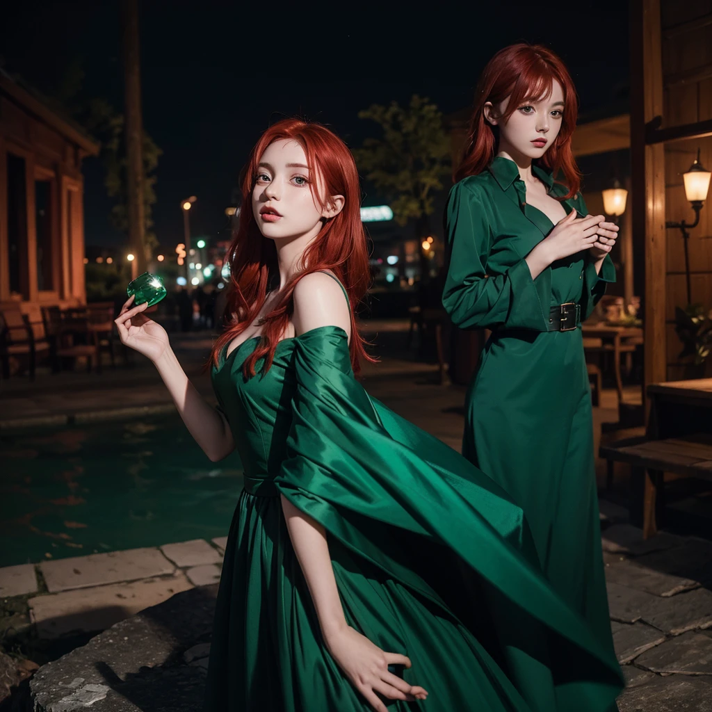 night image, a lonely girl, with red hair and emerald green dress, with red magic in his hands and he is looking at his hand