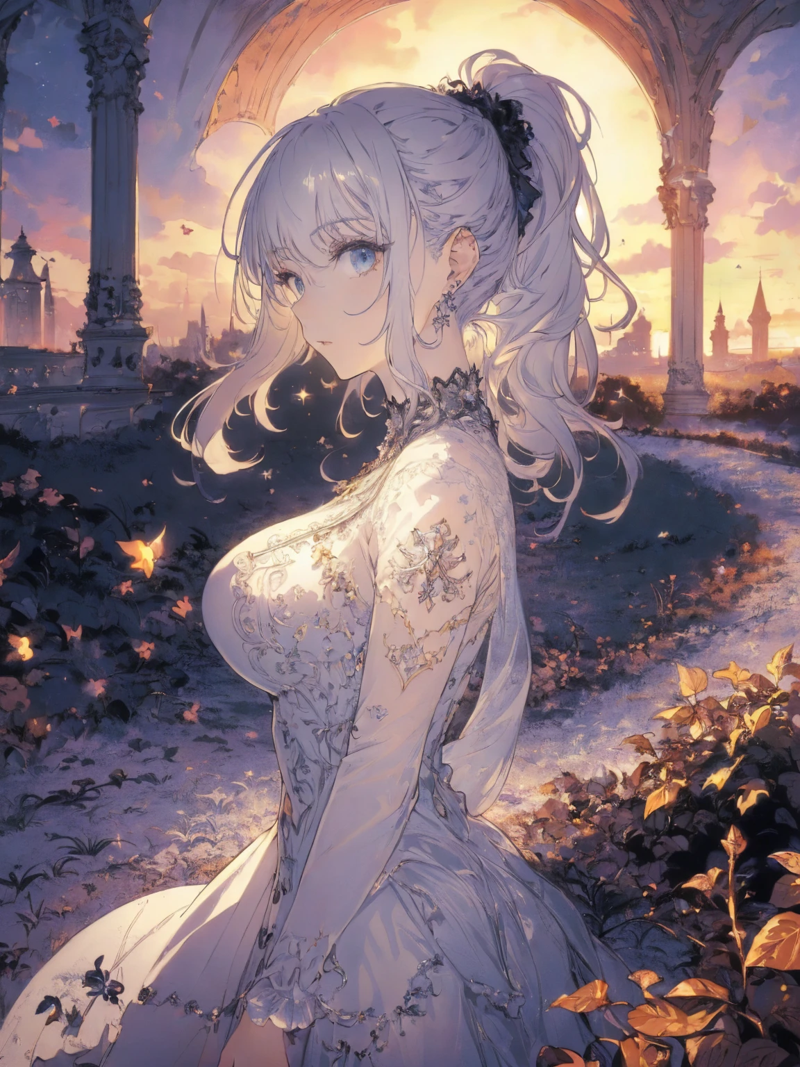 (landscape photo, with a woman in the bottom right of photo:1.5, in white garden:1.5), Masterpiece, best quality, (very detailed CG unity 8k wallpaper), (best quality), High definition RAW color art, Animation,sculptures, (black Marble Skin), (((Ultra detailed elegant))), Magical atmosphere, Detailed skin, Texture,(Intricately detailed, Fine detail, ultra-detail art), depth of fields, bokeh, Silky Touch, Hyper Detail, beautiful eyes, Elegant Face, (profile posing), sparkle background, enormous breast:1.4,  (silver hair), pastel purple, witchcraft dress, ponytail:1.1, embarrassing face, ivy,  Dramatic Light, smiley, Frills, sunset, cross:1.3