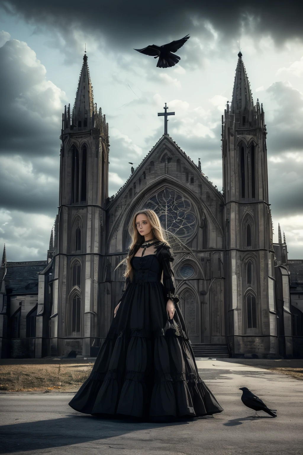 1 Mädchen,Kleid,bird,Allein,black Kleid,lange Haare,gotisch,Wolke,Himmel,Kirche,draußen,Blondes Haar,long Kleid,Stehen,Tag,Wolkey Himmel,Schloss,Schatten,Krähe,lange Ärmel,kreuzen,