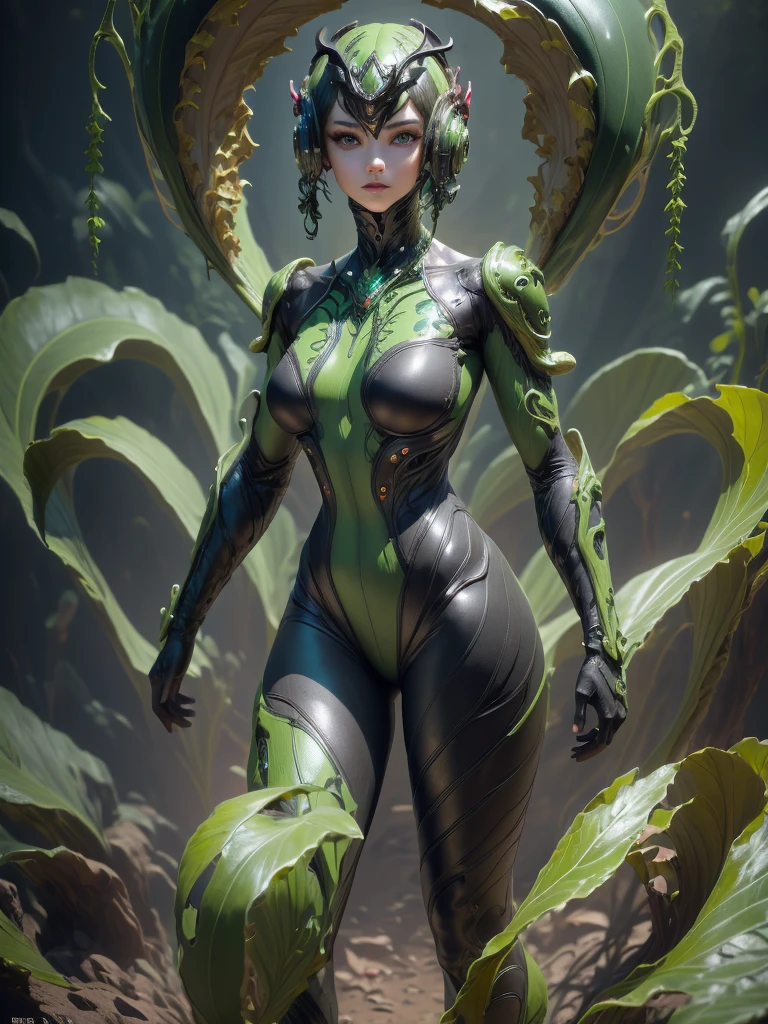 a beautiful detailed girl, beautiful detailed eyes, beautiful detailed lips, extremely detailed face, long eyelashes, cyber girl, girl in bodysuit, girl with nepenthes plant, girl with circuit pattern, girl with biological armor, girl with biological helmet, girl with eye mask, black and green color scheme, 8k, high resolution, photorealistic, masterpiece, ultra-detailed, physically-based rendering, sharp focus, vivid colors,full body shot,