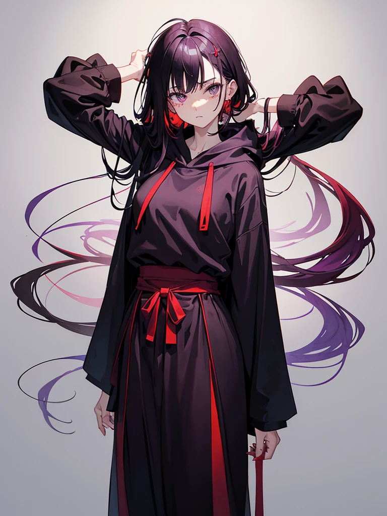 Mature face,tall, (Ink blotches:1.1), (pale:1.2),(purple:1.2),(Red/Black:1.2), Wearing black tights, Wearing a hoodie, He wore black trousers, whole body黒の服, The skin is hidden, I was wearing long pants,cool,Dressed in a black robe, Toned body, Wine red hair, one big woman,Updo, Nervous,Cowboy Shot, sketch (Character design sheet, same characters, whole body, Three-View, front, ~ ~ ~ side, return),(Very bright:1.1), White Background, [1 Girl:7], (Tilt your head:1.2), ([sketch|watercolor \(Moderate\)]:1.15),Chaotic Abstract Background, Vector Trace, Gradient Blending, Bright colors, that&#39;wonderful, Very detailed, Complex, (Very low contrast:1.4(