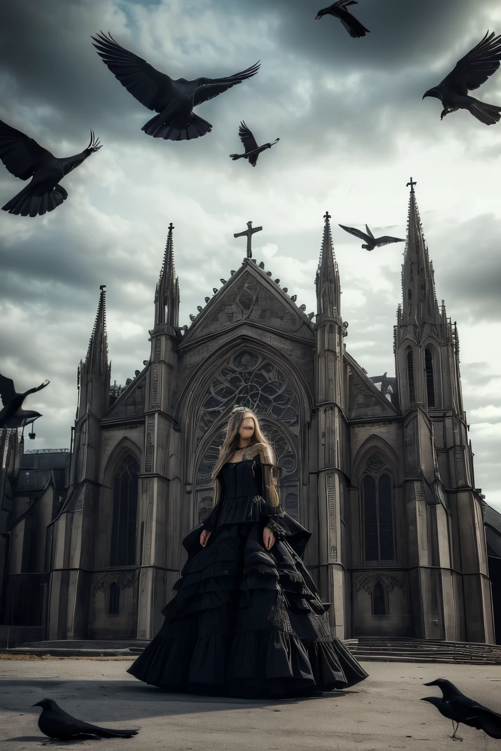 1girl,dress,bird,solo,black dress,long hair,gothic,cloud,sky,church,outdoors,blonde hair,long dress,standing,day,cloudy sky,castle,shadow,crow,long sleeves,cross,