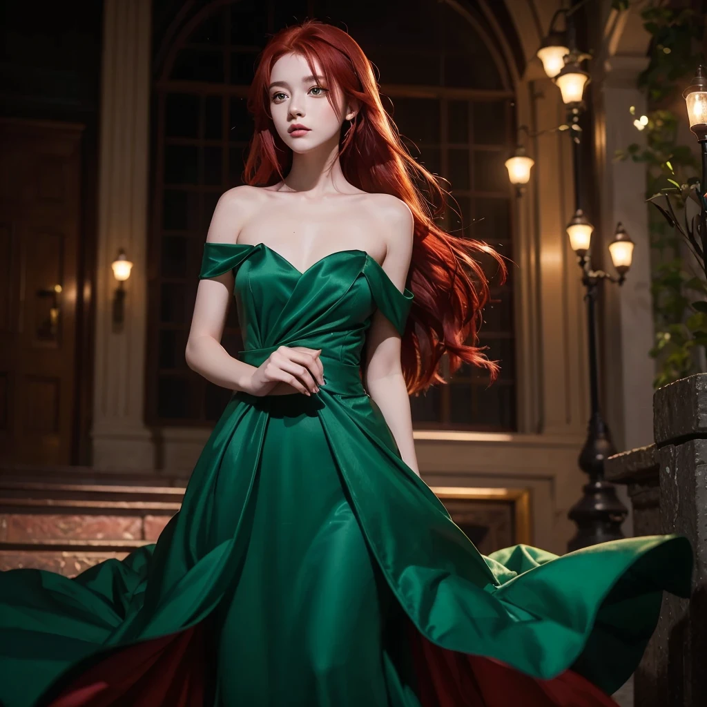 night image, a lonely girl, with red hair and emerald green dress, with red magic in his hands and he is looking at his hand