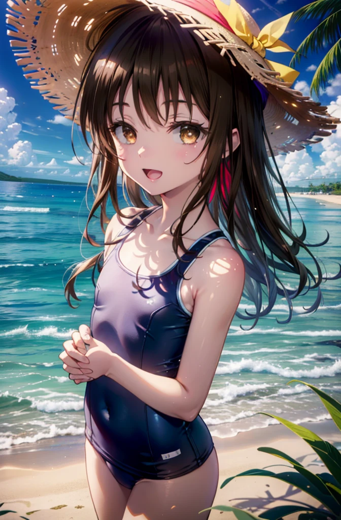 Follow Us, Yuki mandarin orange, (Brown eyes:1.5), Brown Hair, hair ornaments, hair scrunchie, Long Hair, (Flat Chest:1.2),happy smile, smile, Open your mouth,
Open your mouth,School Swimsuit,Straw hat,Holding a balloon in both hands,True Summer,Palm tree,Are standing　　　　　　　　　　　　　　　　　break looking at viewer, whole body, 　　　　　　　　break outdoors, Sandy Beach,Beach,　　　　　　　　　　 break (masterpiece:1.2), Highest quality, High resolution, unity 8k wallpaper, (shape:0.8), (Beautiful and beautiful eyes:1.6), Highly detailed face, Perfect lighting, Extremely detailed CG, (Perfect hands, Perfect Anatomy),