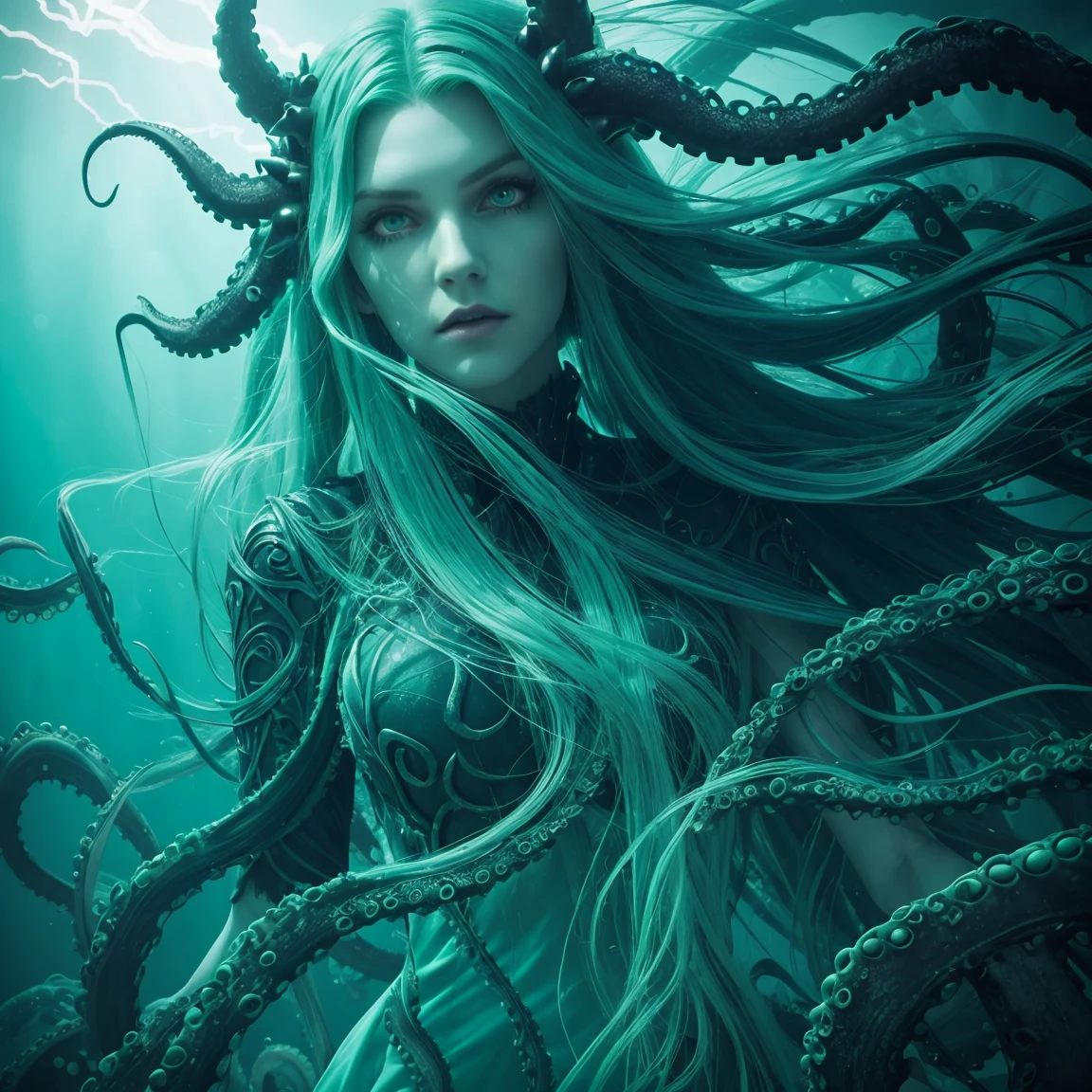 a picture of a sea witch, long green hair, evil, villain, she is coming to you, up close, dark ocean,( underwater:1.1), lightning, bright eyes, wearing a dress made of algae, tentacles, octopus, (up close:1.3)