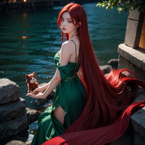 night image, a lonely girl, with red hair and emerald green dress, with red magic in his hands and he is looking at his hand