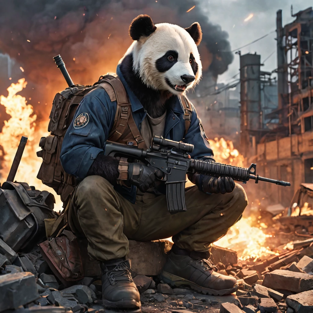 Anime works (Highest quality, 4K, masterpiece:1.1), (realism, Realistic:1.4), Ray Tracing, hyper realism, Soft lighting, Detailed Background, Film Grain, (detailed fur texture:1.3),
break
(Anthropomorphic panda), ((Dressed in post-apocalyptic clothing:1.2)), Inside the destroyed city after a nuclear explosion, Sitting on the ammonition chest,Overlooking from the hill, Ready your gun?, angry looking, Visible fangs (Perfect Anatomy),((feet)), (Aurora), (close:1.3) . Anime Style, Key Visual, Vibrant, Studio Anime, Very detailed, High quality photos, 3-point lighting, flash with softbox, 4K, Canon EOS R3, High resolution, Smooth, Sharp focus, High resolution, Award-winning photo, 80mm, F2.8, Bokeh