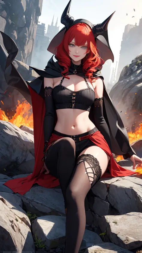 (high quality, ​masterpiece, detailed), fire city detailed scenario, fire city detailed background, alone, red hair, madelynepri...