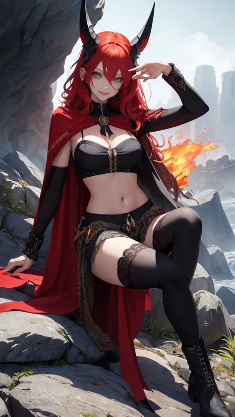 (high quality, ​masterpiece, detailed), fire city detailed scenario, fire city detailed background, alone, red hair, madelynepri...