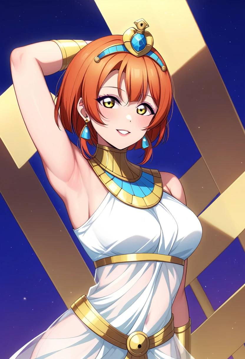 Masterpiece, sksrin, beautiful , facial details, 8k wallpaper, Rin Hoshizora Love Live, short hair, white see through dress, Egypt queen,tiara,in Egypt ,(lipstick:0.8), (makeup:0.8),Fascinated by her beauty, showing her body ,one arm up behind head another arm behind back 