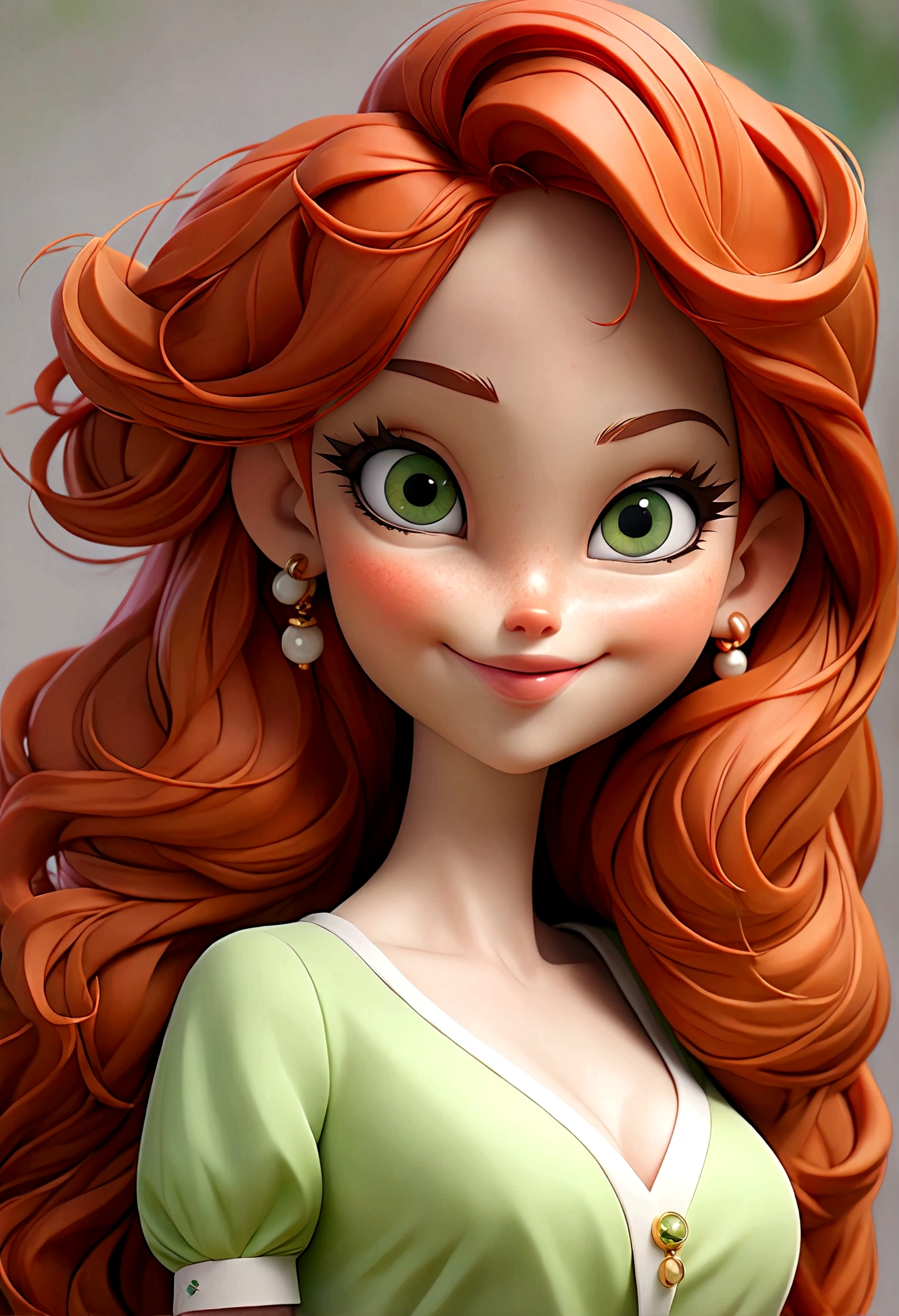 ((best quality)), ((masterpiece)), ((detailed)), Long cascade red hair, emarald green eyes, plump pink lips, doll like,  and slender, extremely feminine, round breasts, sweet looking, cute clothes, cute smile 