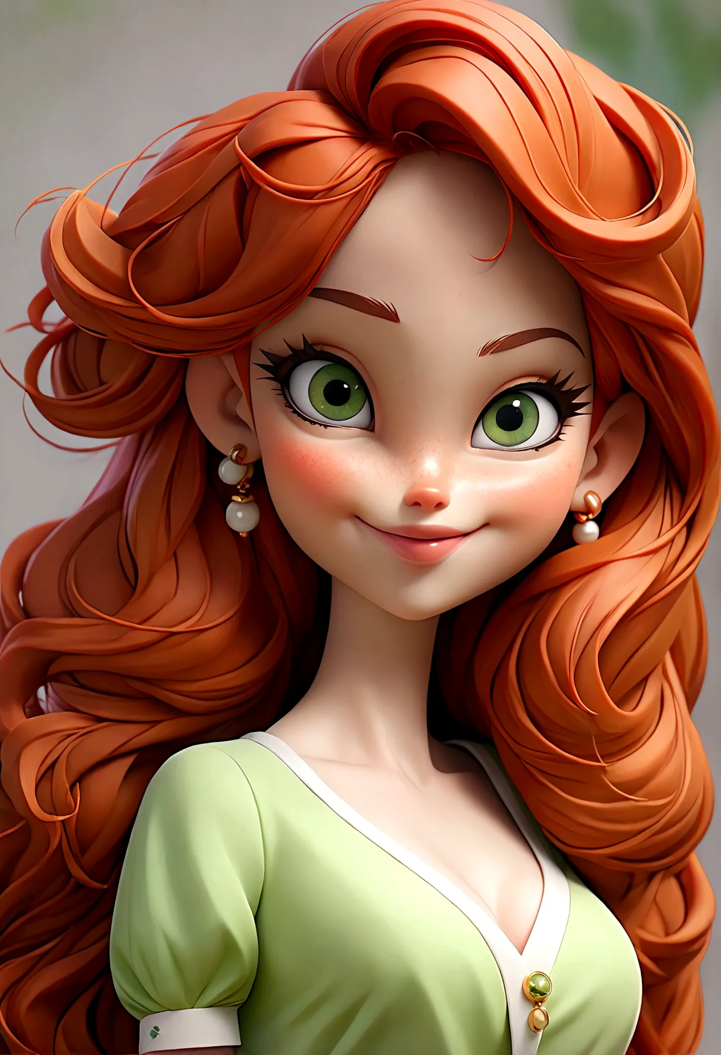 ((best quality)), ((masterpiece)), ((detailed)), Long cascade red hair, emarald green eyes, plump pink lips, doll like,  and sle...