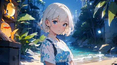 girl with short white hair，colorful bubbles，plant，glowing fish，sparkling，blue，spend time at the beach，masterpiece，4k