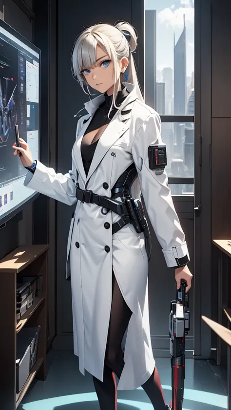 a cyborg teacher with a mechanical arm and a bionic eye, wearing a white lab coat and holding a holographic tablet, standing in ...