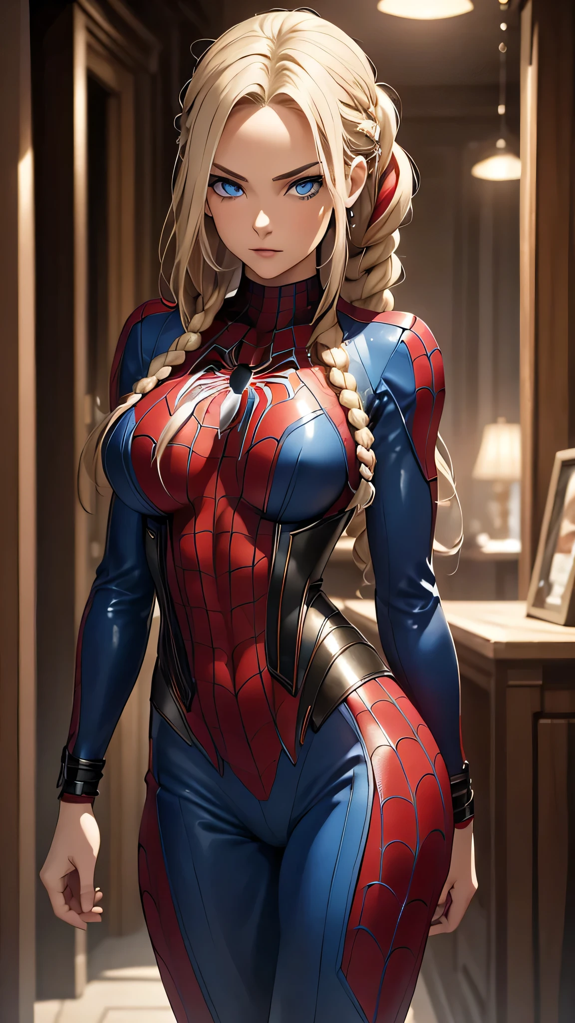 a young woman,sexy,detailed,beautiful blue eyes,stunning blonde hair,braided hair, red highlights, seductive spider man leather outfit, full body focus,photorealistic,masterpiece,8k,ultra-detailed,hyperrealistic,chiaroscuro lighting,cinematic,dramatic lighting,warm color palette,captivating gaze