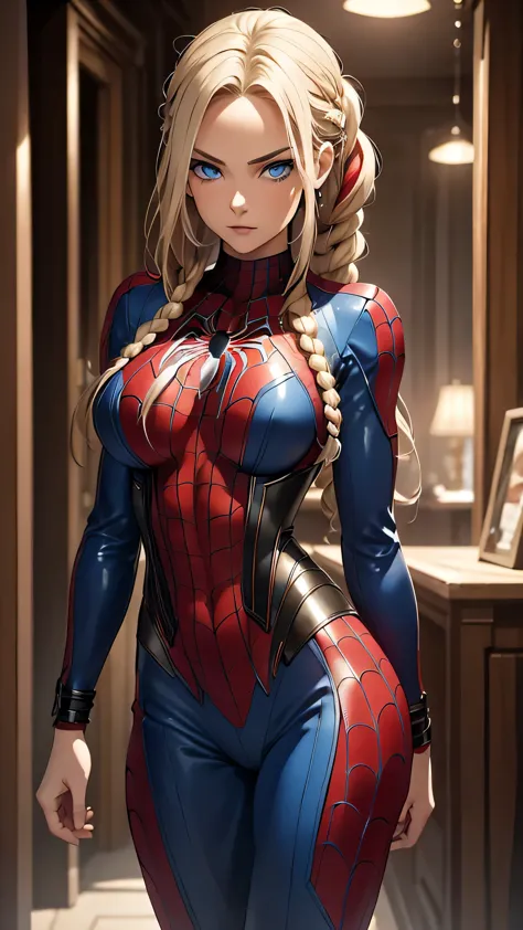a young woman,sexy,detailed,beautiful blue eyes,stunning blonde hair,braided hair, red highlights, seductive spider man leather ...
