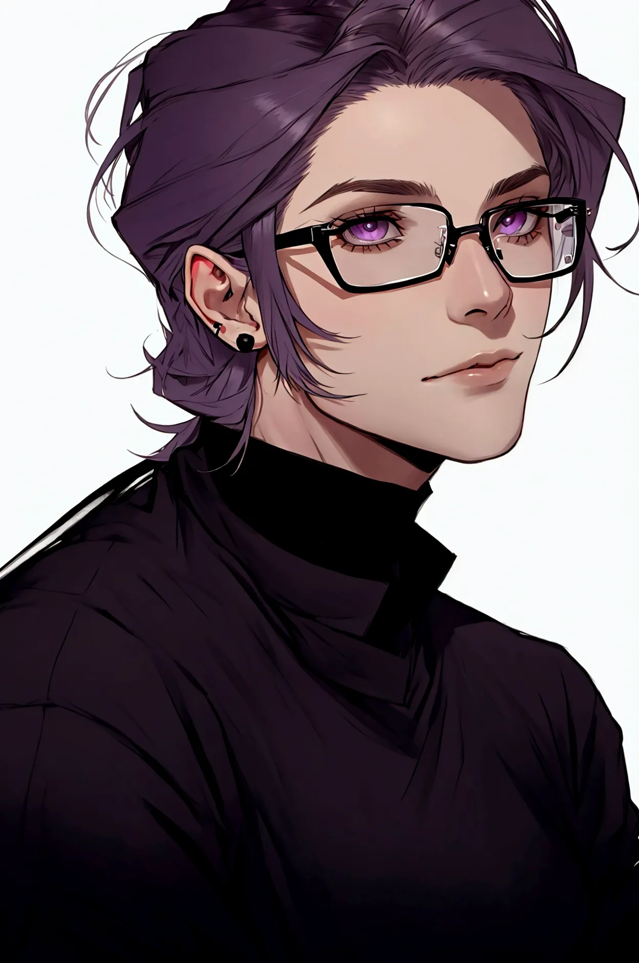 glasses, purpule hair, purpule eyes,