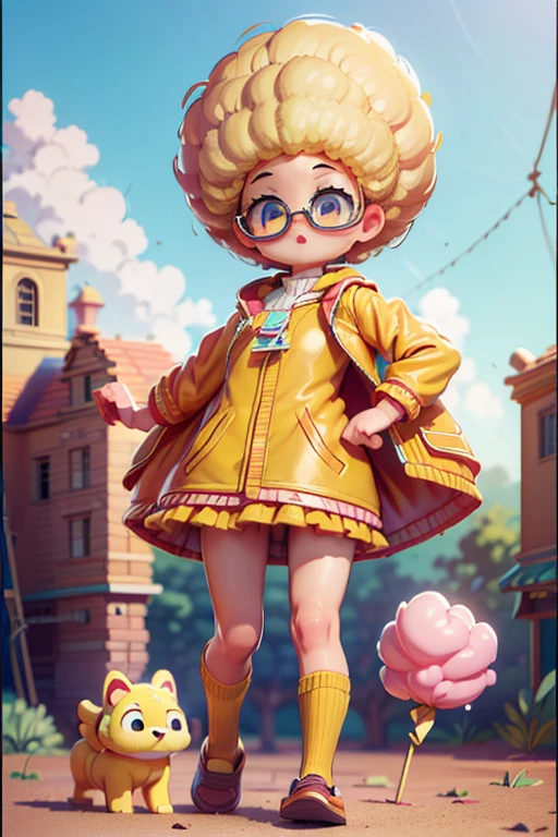 (Top quality, ultra-high resolution, ultra-high definition, realistic masterpiece, (highly detailed CG illustration: 1.2) A girl, a cute mini beauty with glasses, a huge cotton candy-like blonde afro, blue eyes, (yellow glasses,) (red long coat) fluttering in the wind, standing on a desert hill