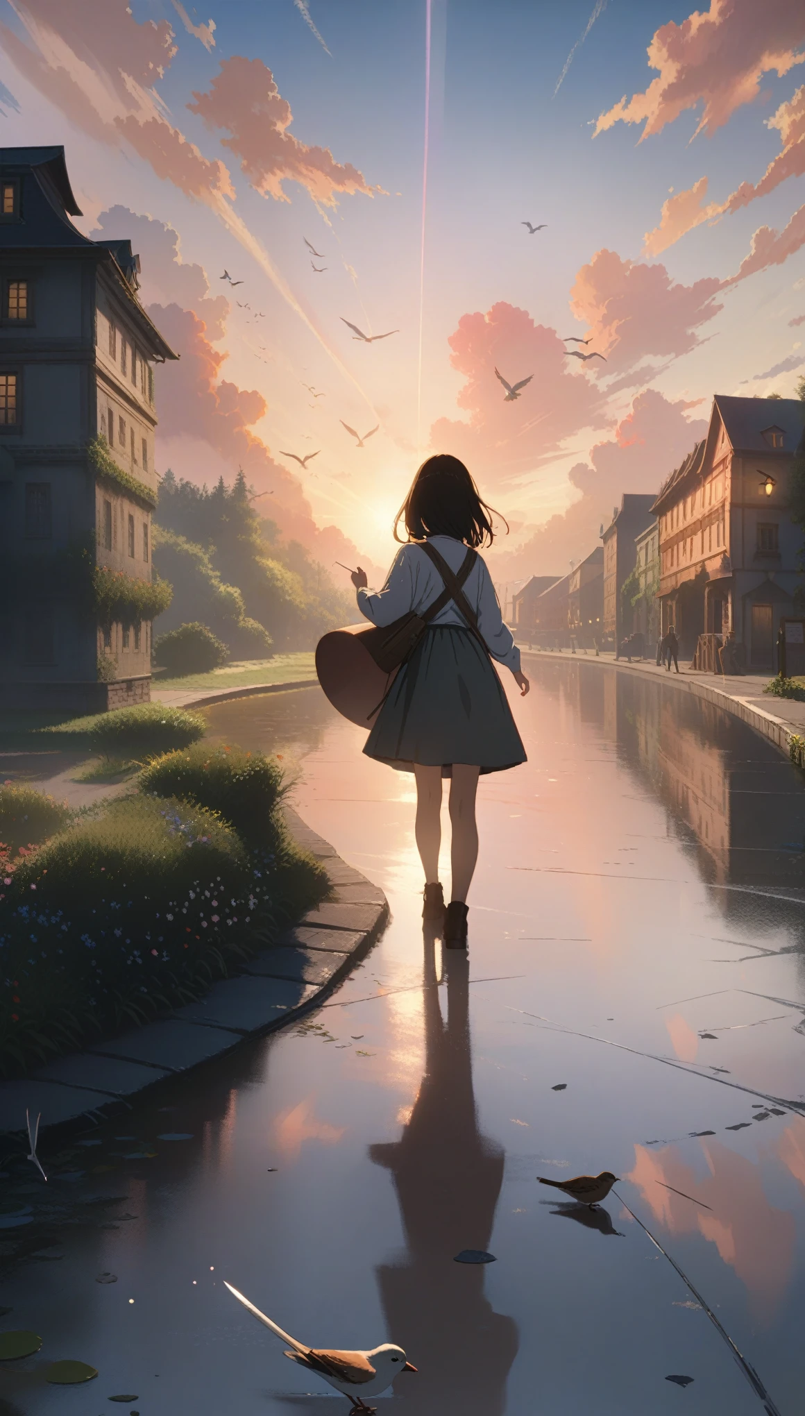 (3d:0.5,Practical:0.5,photoPractical:0.5),(absurd,Super Resolution,masterpiece,best quality,Meticulous attention to detail,absurd:1.2), Dramatic lighting, Dramatic Lighting, Movie, Anime Landscape, Shinkai Makoto, Ghibli, Fantasy World, magic, Beautiful sky, cloud, architecture, bike, Aircraft tracks, birds, Dramatic lightinging, Movie lighting, Sunset, warm Sunset, warm sunlight, street, Depth of Field, lens flare,