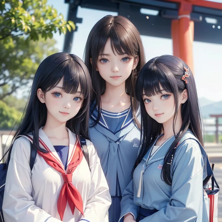 best quality, masterpiece, 

Three Japanese-high-school-girls, 

looking straight ahead and striking a gutsy pose are standing (separately:1.4), side by side, 

wearing  a short-sleeved Japanese-blue-high-school-sailor-suit,

(Japanese-blue-high-school-uniform:1.7),

 Reddish bow tie, with a school bag, 

((too much smile)), very cute, face, head and waist fully visible, (soft eyes:1.2)

upper arms hidden by clothes and hair,(innocent and pure high-school-girls:1.7)

,(The image shows only the upper body:1.7)

 (only one well-shaped beautiful mount Fuji:1.2), (shrine:1.2), summer(season) ,(outdoors:1.5),