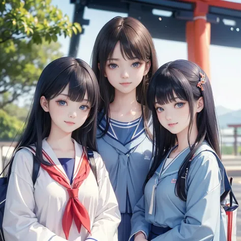 best quality, masterpiece, 

Three Japanese-high-school-girls, 

looking straight ahead and striking a gutsy pose are standing (...