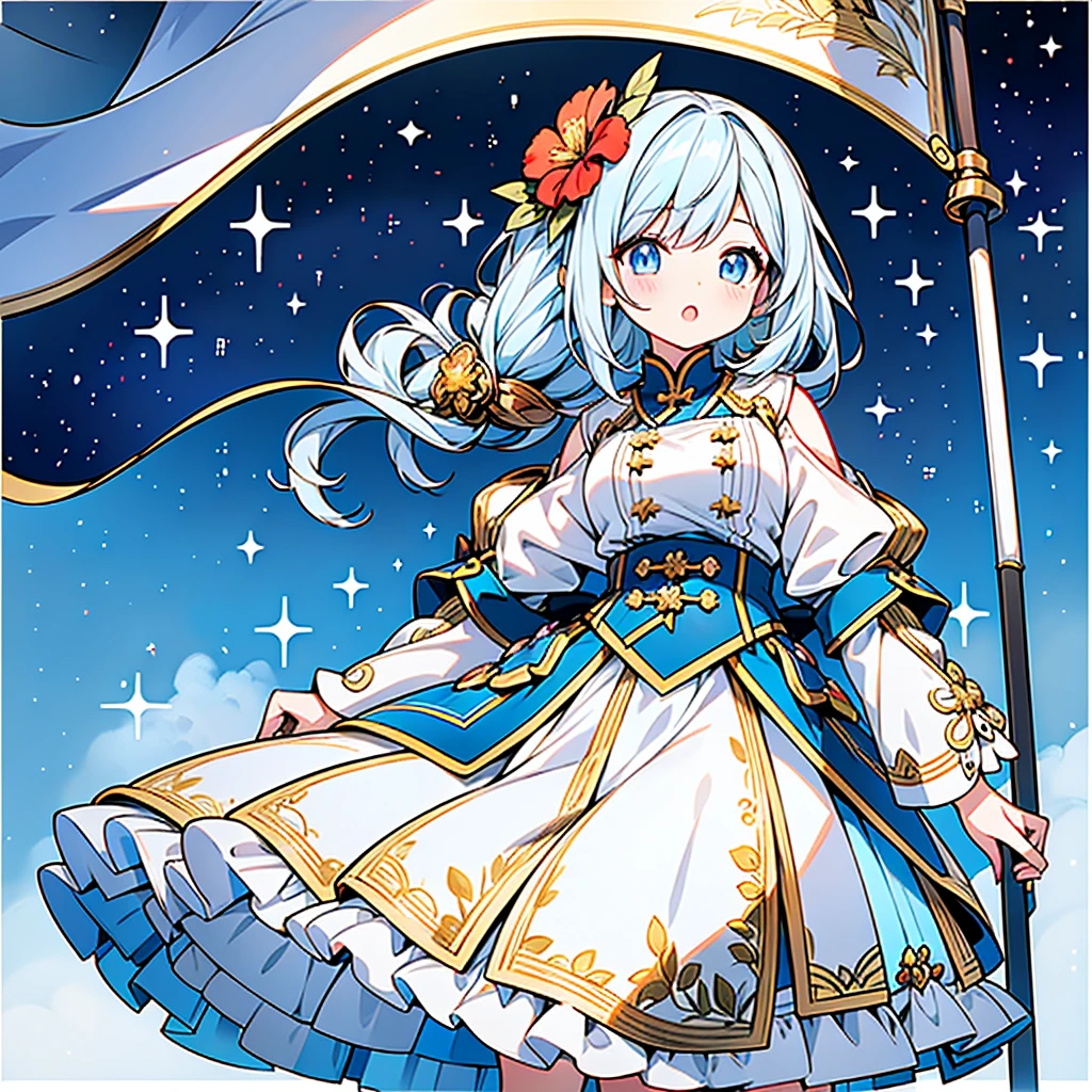 One girl、Dynamic configuration、marching band、(((masterpiece、Highest quality、Official Art、Very detailed、Handsome face、Dynamic configuration)))、Anime Style、(Milky white and blue hair:1.3),(blue eyes:1.4),(Bright colors:1.4),((Asanoha background:1.3)),, marching bandのユニフォームを着たクールな女の子, marching band hat、mini skirt, Frills, Two hands holding a black and white gold embroidered flag,（background:Large red flag and gold flower embroidery on the back, Note, )、euphonium、Giant Flag、