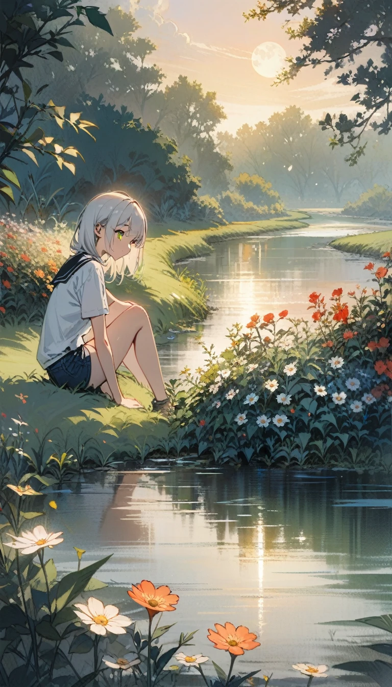 (masterpiece, Top quality), A girl with long white hair sits in a field of green plants and flowers, Warm moonlight, Blurred foreground, Change, River bank, shorts, Strange eyes