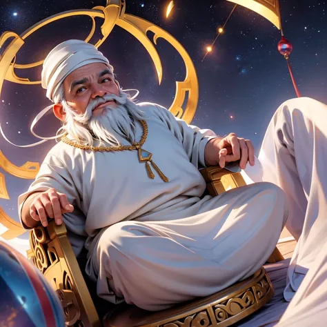 A wise old man in Arab clothes, long beard, a halo of cosmic energy over your head, sitting in a meditation position, looking di...