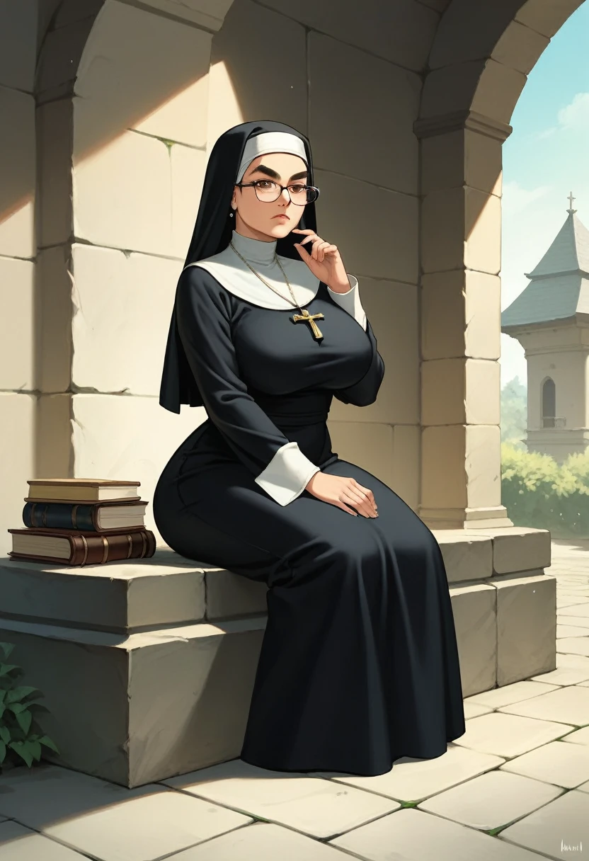 haughty, rustic, absurd, mature woman, brown eyes, thick eyebrows, bald, large breasts, wide hips, Shaolin nun, serious gaze, meditative face, adjusting glasses to her face, sitting on a rock with an old book in her hands, in the garden of a monastery, action anime, cinematic, dramatic, medium close-up,