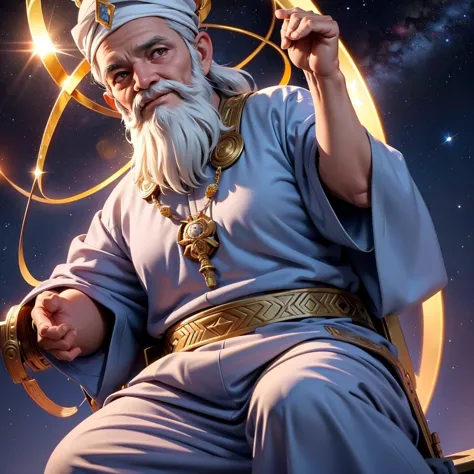 A wise old man in Arab clothes, long beard, a halo of cosmic energy over your head, sitting in a meditation position, looking di...