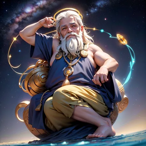 A wise old man in Arab clothes, long beard, a halo of cosmic energy over your head, sitting in a meditation position, looking di...