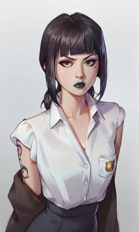 score_9, score_8_up, score_7_up, 1girl, simplified background, Asian, mafia business outfit, , sunny, lovely, hime cut hair, sco...