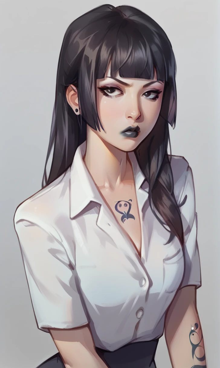 score_9, score_8_up, score_7_up, 1girl, simplified background, Asian, mafia business outfit, , sunny, lovely, hime cut hair, scowl, black lips, black eyes, tattoos
