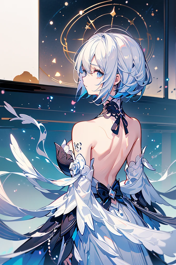 (Image from chest up:1.4)((masterpiece:1.5,Highest quality,Beautiful images、Very detailed、2.5D、Artistic、Portraiture))(1girl, 独奏)(medium breasts, white hair、bob hair、Beautiful cleavage、Exposing shoulders、Tattoo on shoulder)(横顔のPortraiture,Gaze sideways、Gaze diagonally、Shake your head、A sad expression, floating hair)(Monotone artistic background)((from behind:1.5)),Landscape
